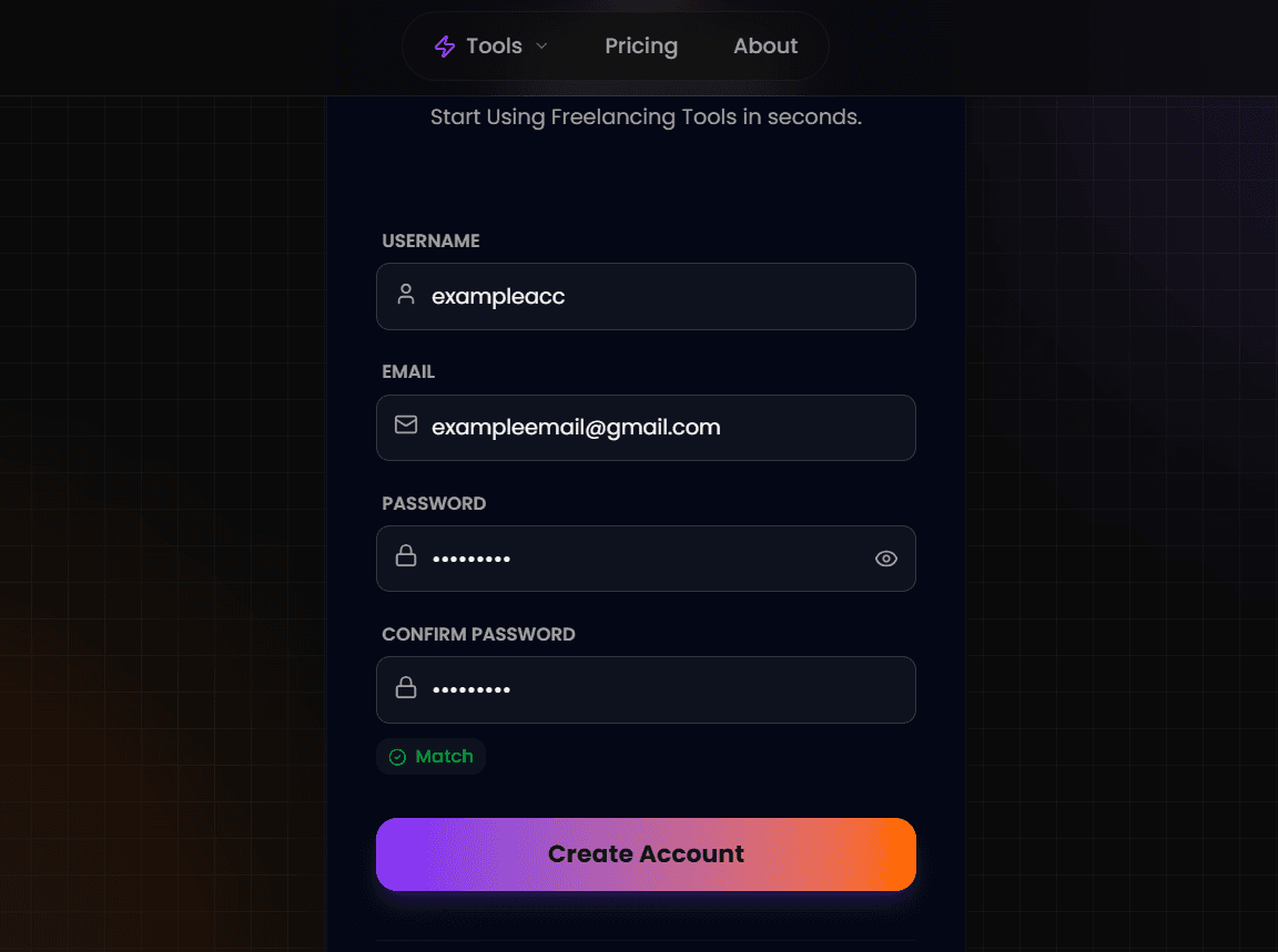 Screenshot of the Create Account page